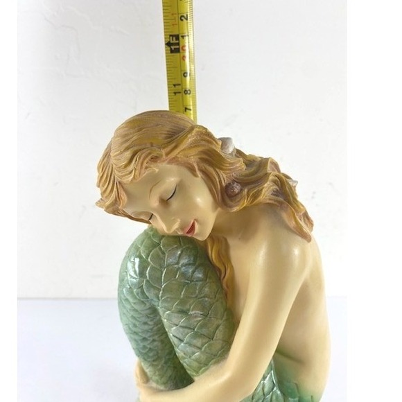 Mermaid Figurine Sitting on Rock Shells Iridescent Green Tail Statue 12 inch - Picture 10 of 10